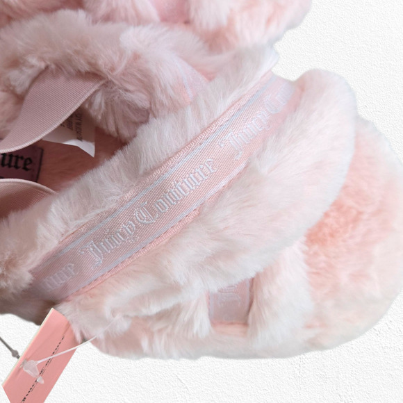 Juicy Couture Pink Faux Fur Slippers Size 8 Crisscross Fluffy Lounge Sandals - Picture 10 of 13